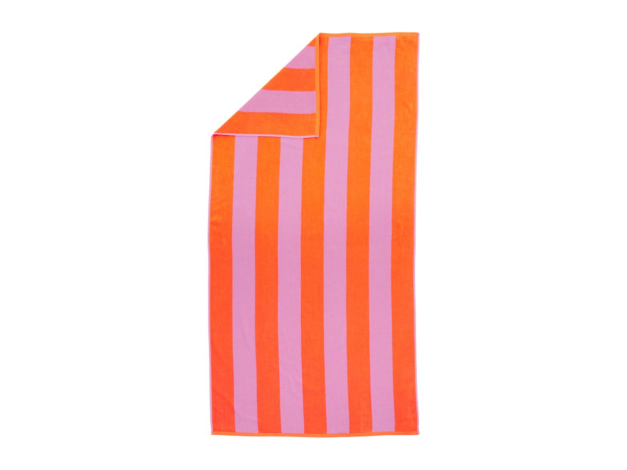 Striped beach towel in vibrant orange and pink colors, folded on a white background.