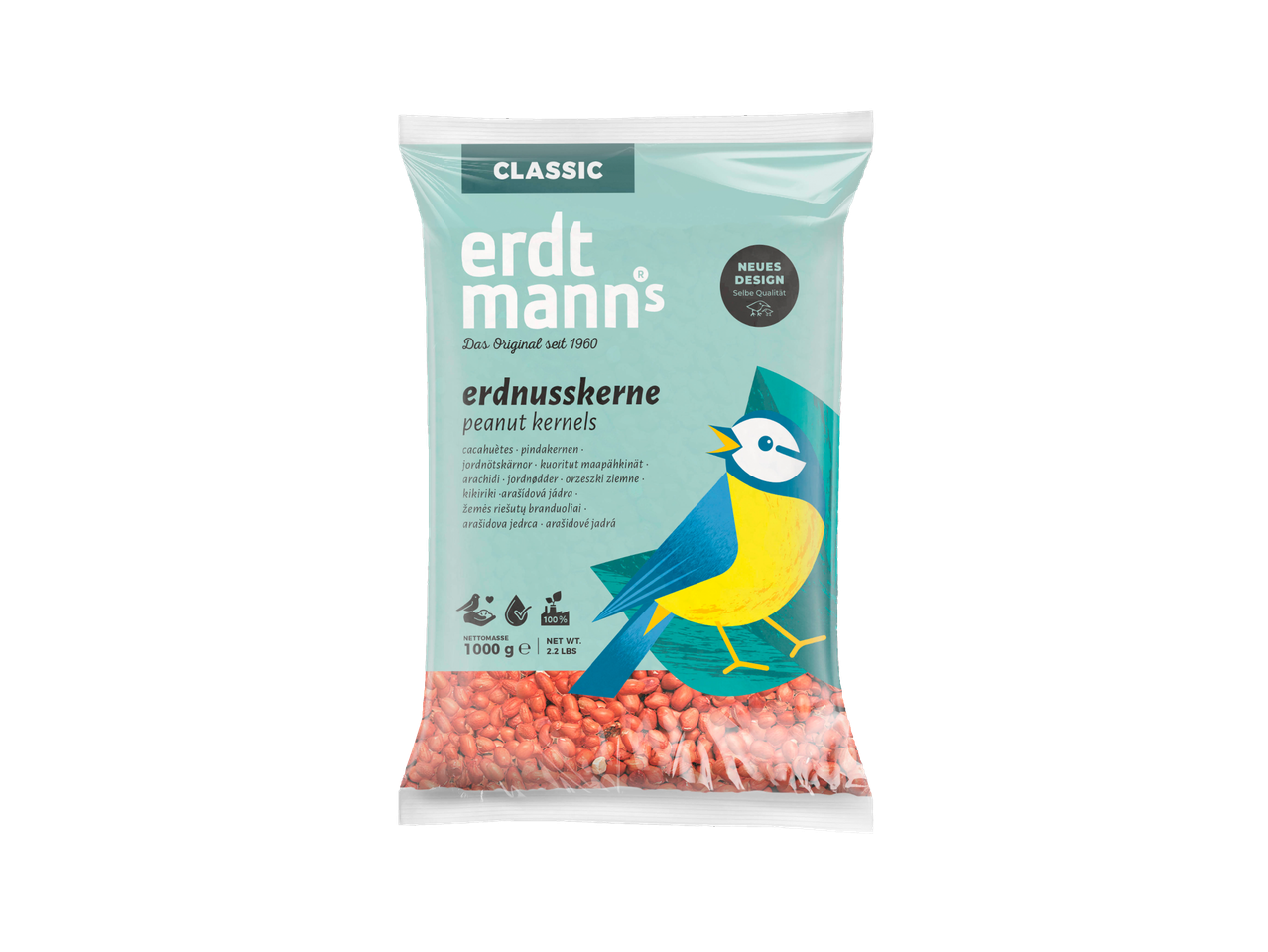 Zak van 1 kg Erdtmann's Classic pinda's voor vogelvoer.