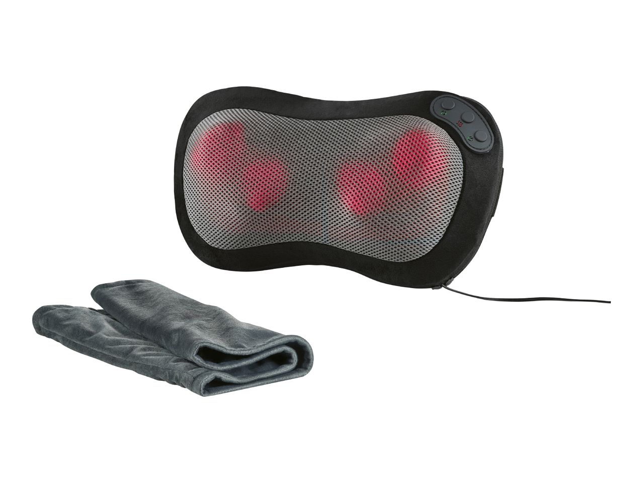 Black massage pillow with red lights and a grey folded blanket