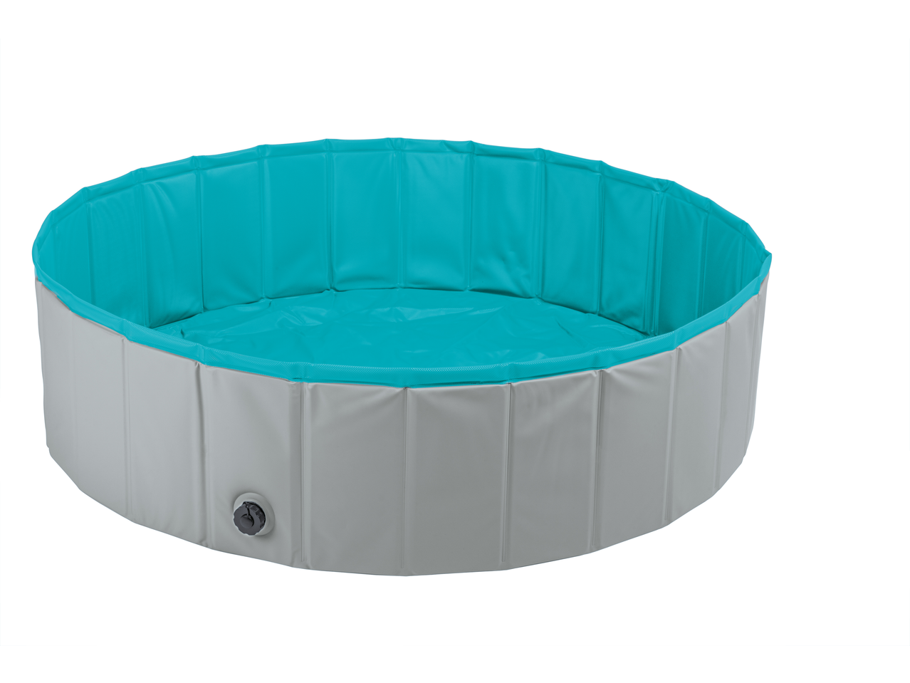 Zoofari Dog Pool in grey and turquoise, with a drain plug visible on the side.