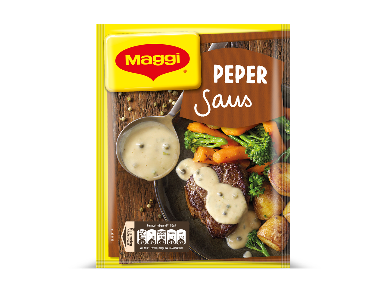 Verpakking voor pepersaus met een afbeelding van een biefstuk met saus, groenten en aardappelen.