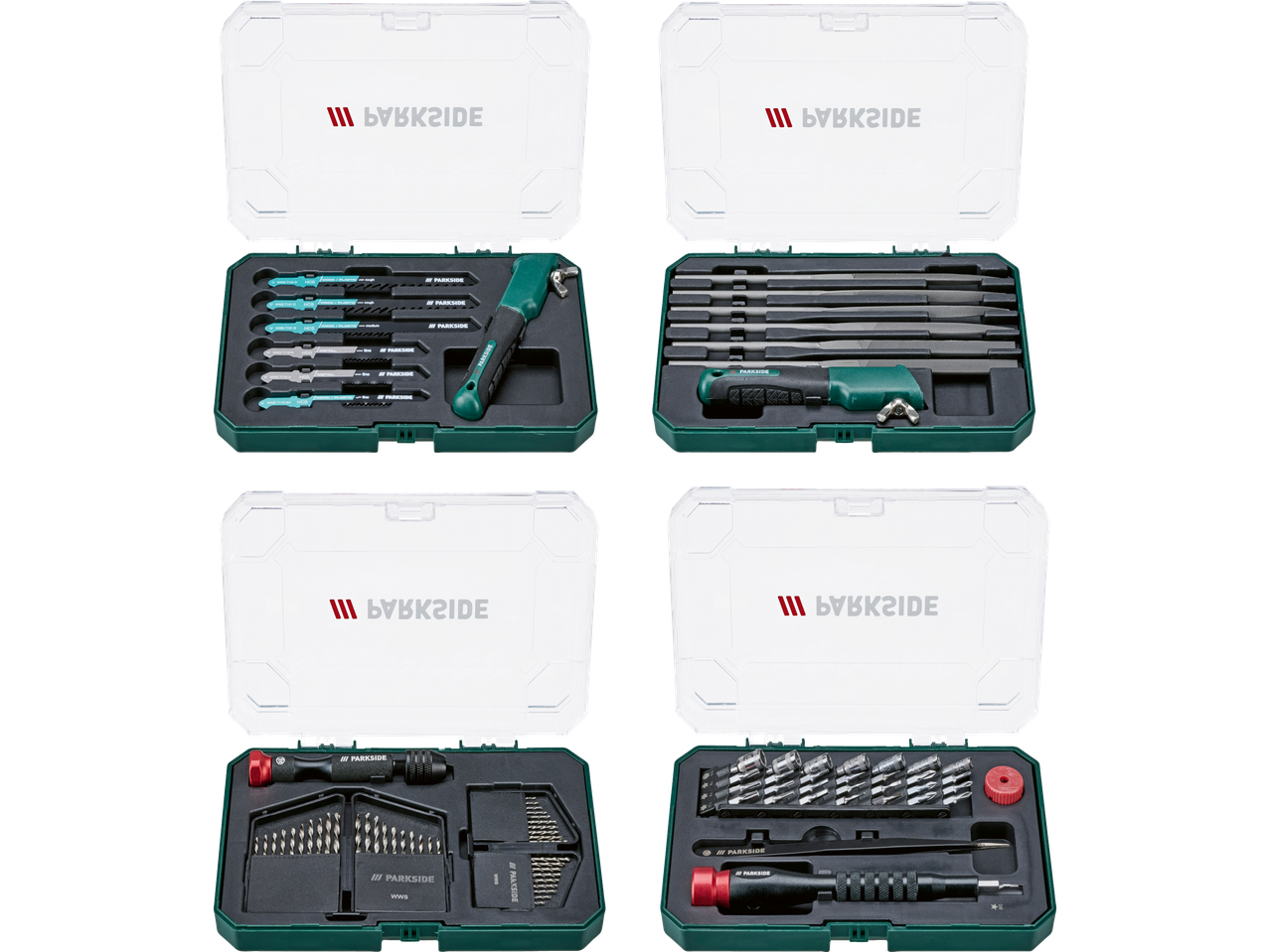 Fyra verktygssatser med sågblad, filar, borr och bits i gröna och vita förvaringslådor.