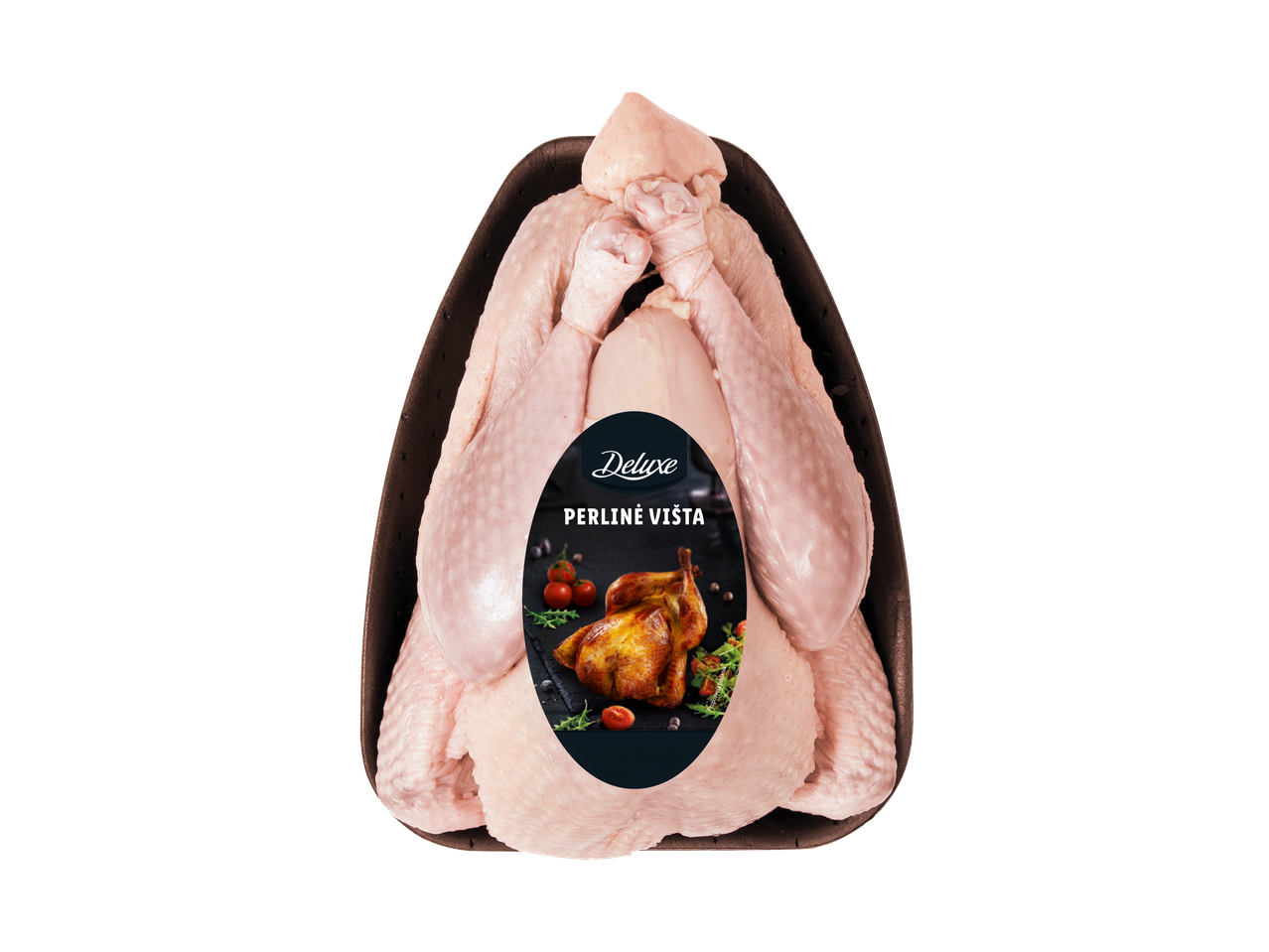 DELUXE šviežia patarška su etikete, kurioje pavaizduota kepta višta.