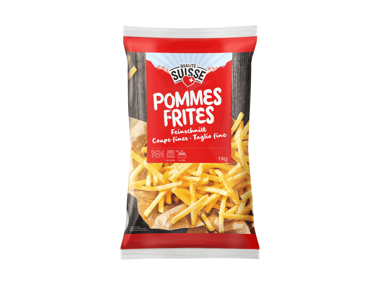 1 kg Packung feine Pommes Frites, tiefgekühlt, mit Zubereitungsanleitung.