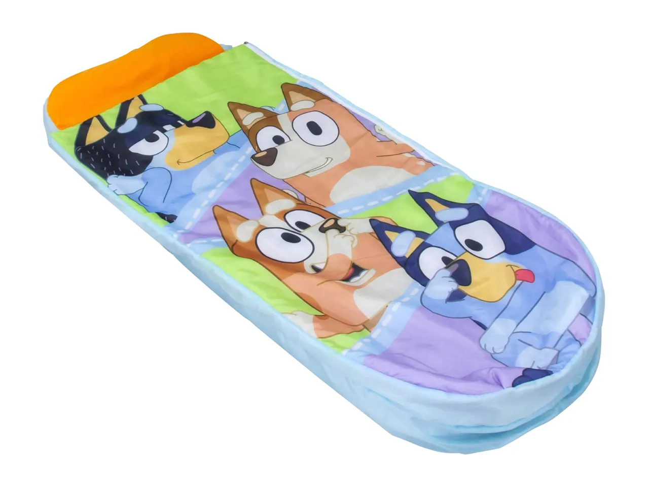 Children's sleeping bag with cartoon dog characters and an orange pillow.