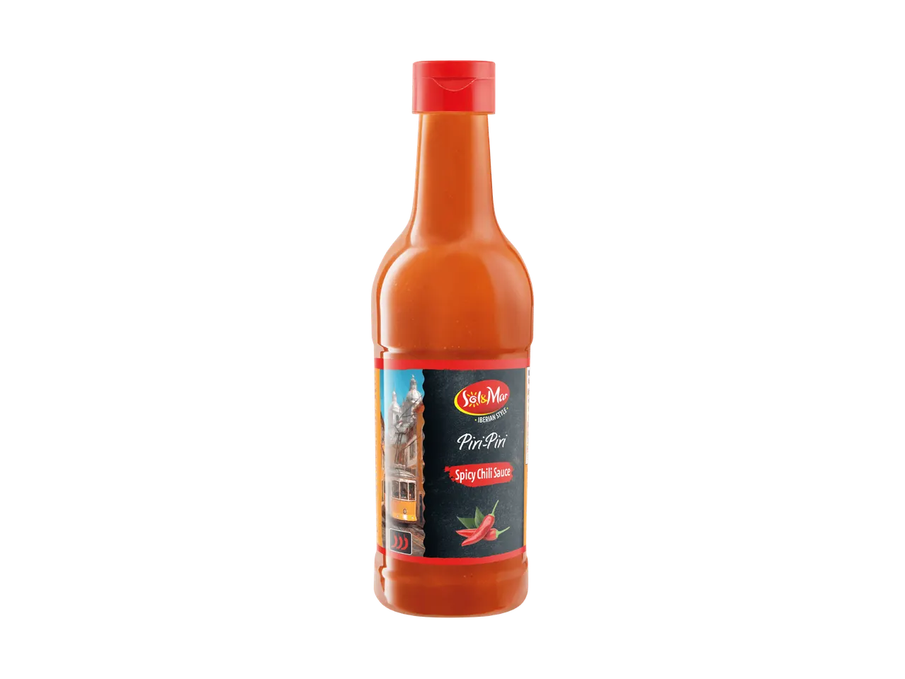 Flasche mit Piri-Piri-Chilisauce im iberischen Stil mit einer Abbildung einer Straßenbahn.