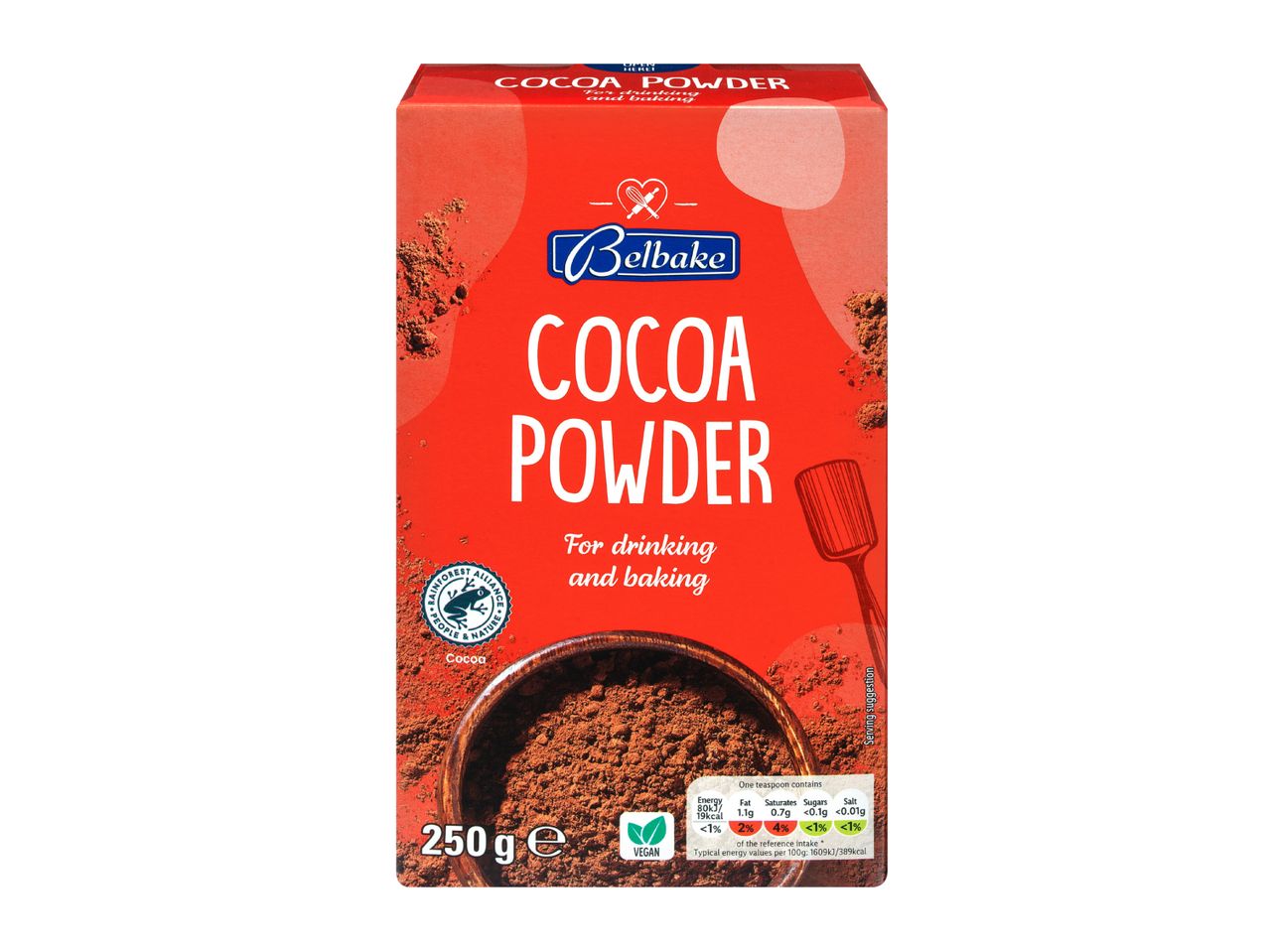 A 250g box of cocoa powder for drinking and baking.