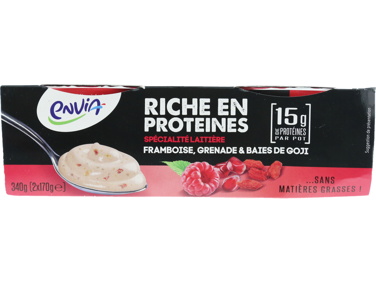 Yaourt Envia riche en protéines, framboise, grenade et baies de goji.