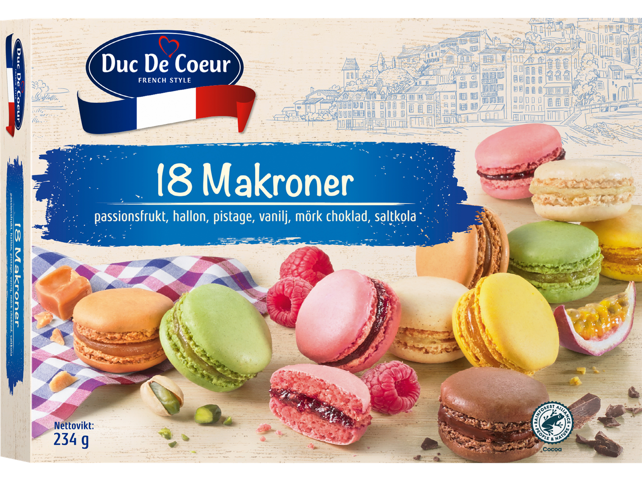 Duc de Coeur-paket med 18 franska makroner i olika smaker.