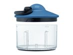 Manual food chopper with a blue lid and clear container