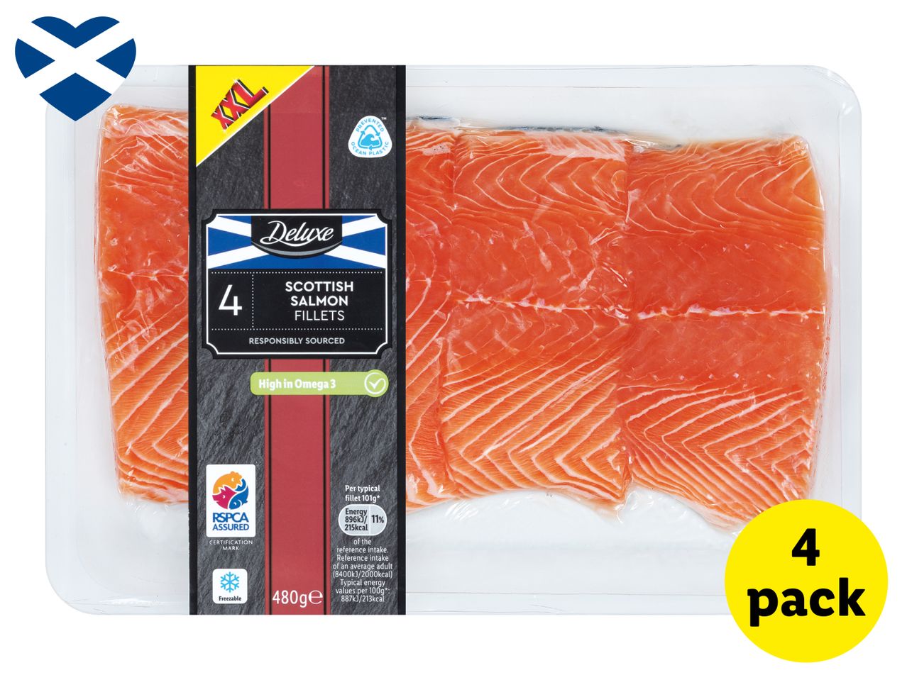 Pack of 4 Scottish salmon fillets, 480g, high in Omega 3, responsibly sourced.