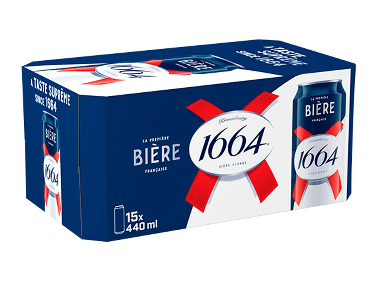 1664 Bière Blonde 15x440ml pack with blue and white design, red ribbons, and text 'A Taste Supreme Since 1664'.