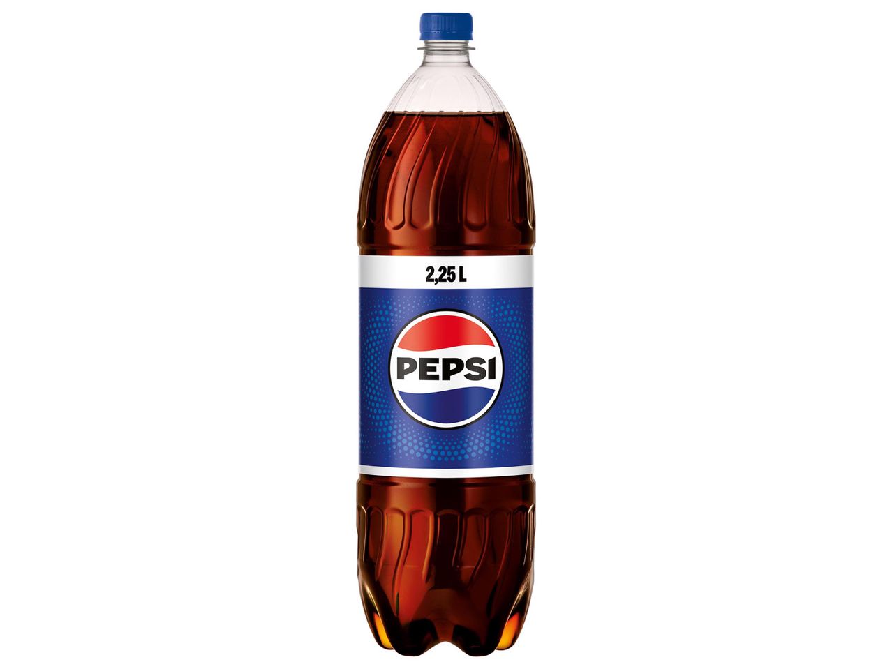 Pepsi kóla 2,25 literes palackban, fehér háttér előtt.