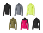 Sechs langärmelige Sportoberteile in verschiedenen Farben, darunter Schwarz, Grau, Neongelb, Olivgrün und Pink.