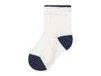 A white sock with a dark blue heel and toe, and a dark blue cuff.