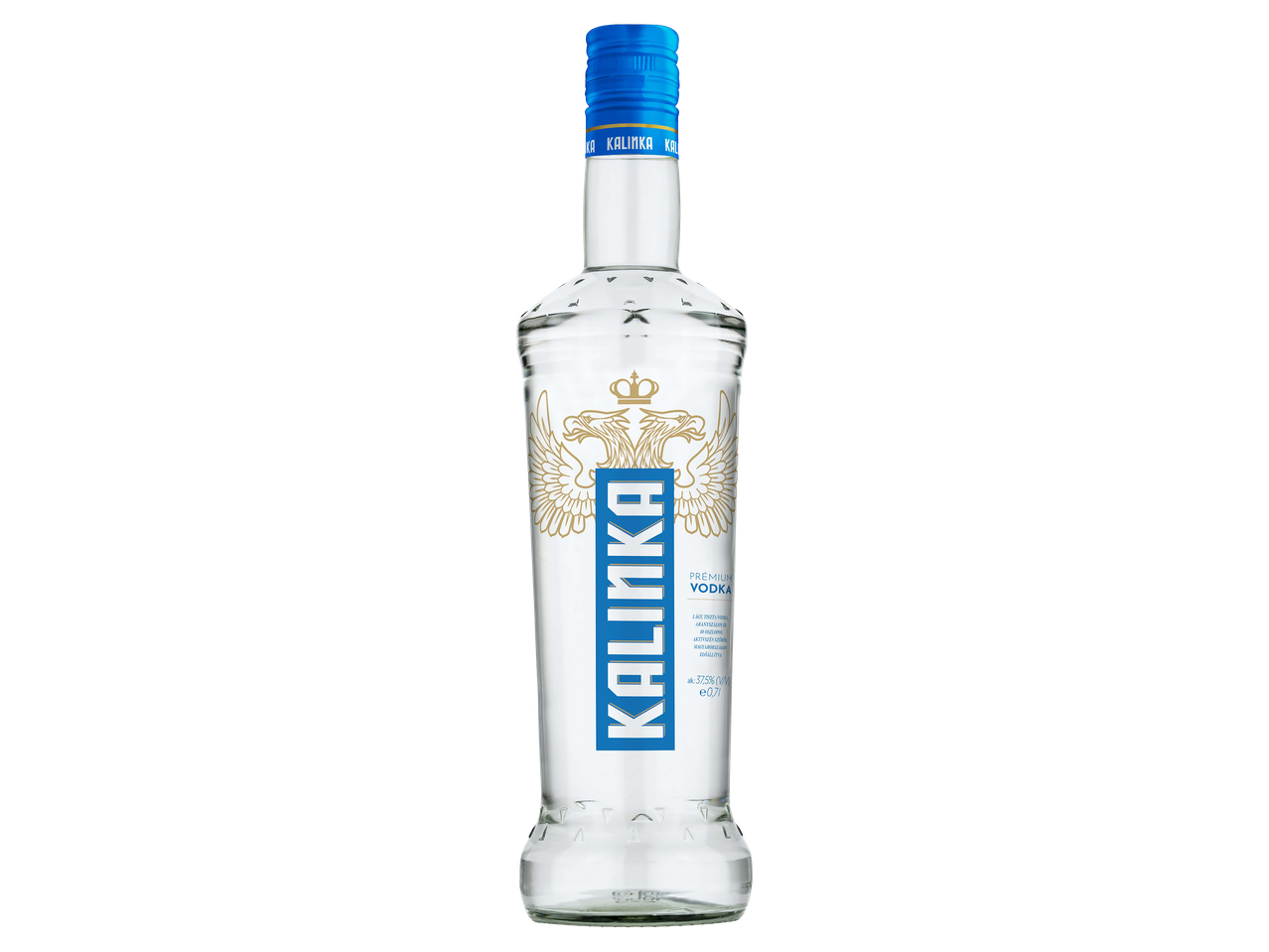 Prémium vodka elegáns, átlátszó üvegben, kék kupakkal.