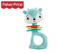 A light blue deer-shaped baby rattle with colorful rings on its neck.