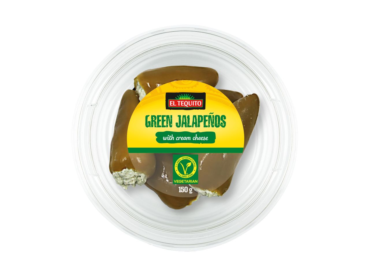 Green jalapeños with cream cheese in a clear plastic container, labeled as vegetarian.