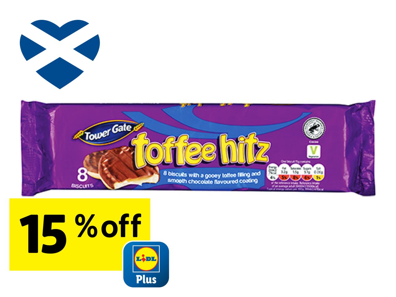 Tower Gate Toffee Hitz biscuits with a 15% off offer for Lidl Plus members.