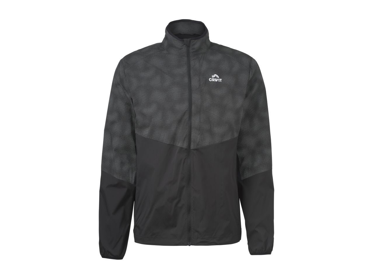 Men's black and grey athletic jacket with a subtle patterned upper section.