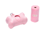 KARLIE pink bone-shaped poop bag holder with a roll of pink poop bags.