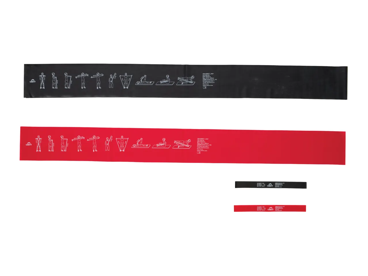 Two resistance bands, one black and one red, with exercise illustrations and product information.
