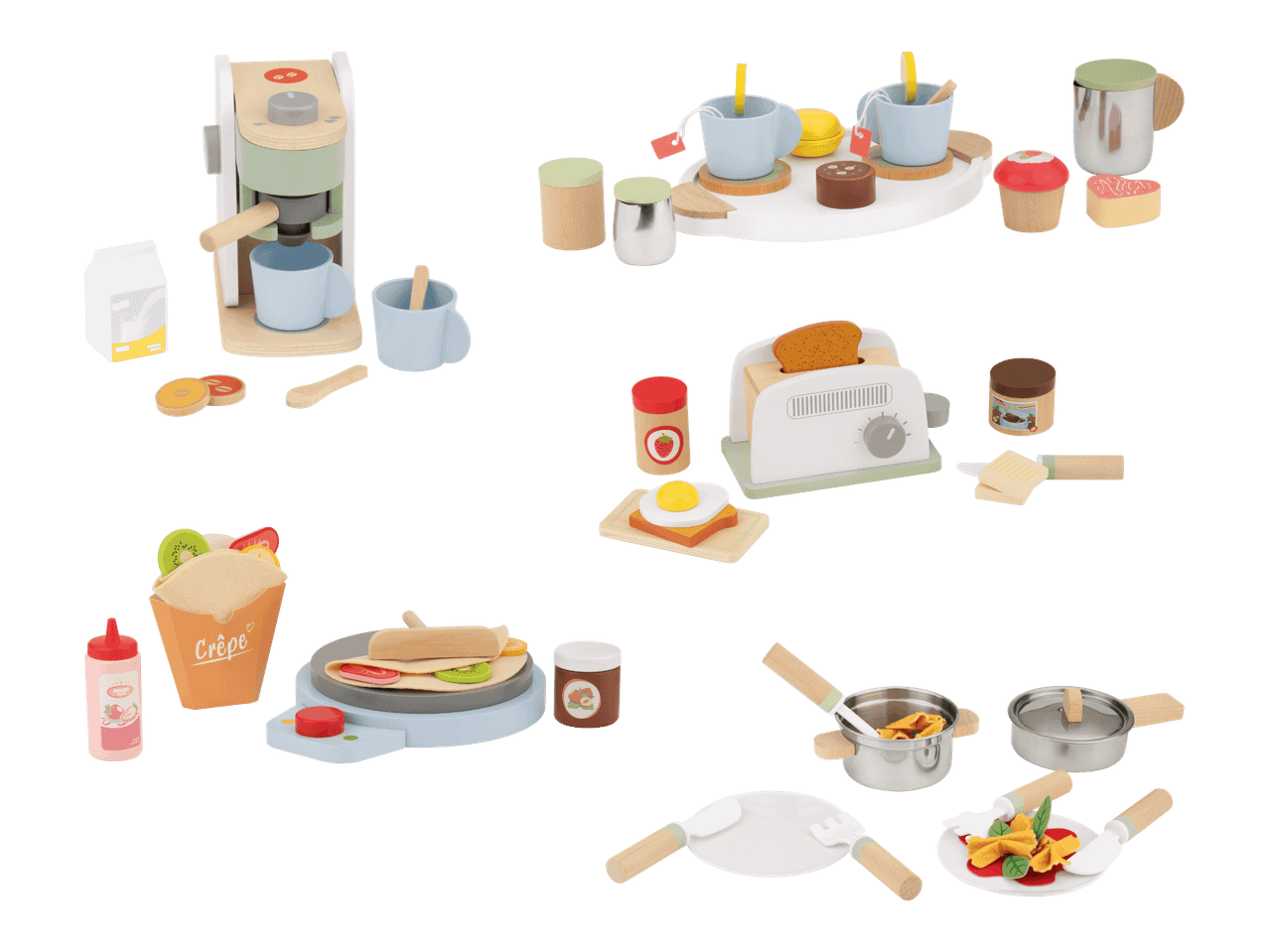 Puinen aamiaissetti, jossa on kahvinkeitin, leivänpaahdin, kreppikone ja keittiövälineitä.