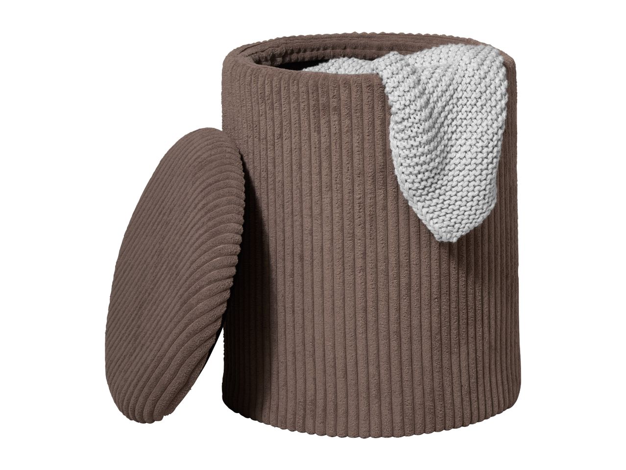 Brown corduroy storage ottoman with a light grey knitted blanket inside