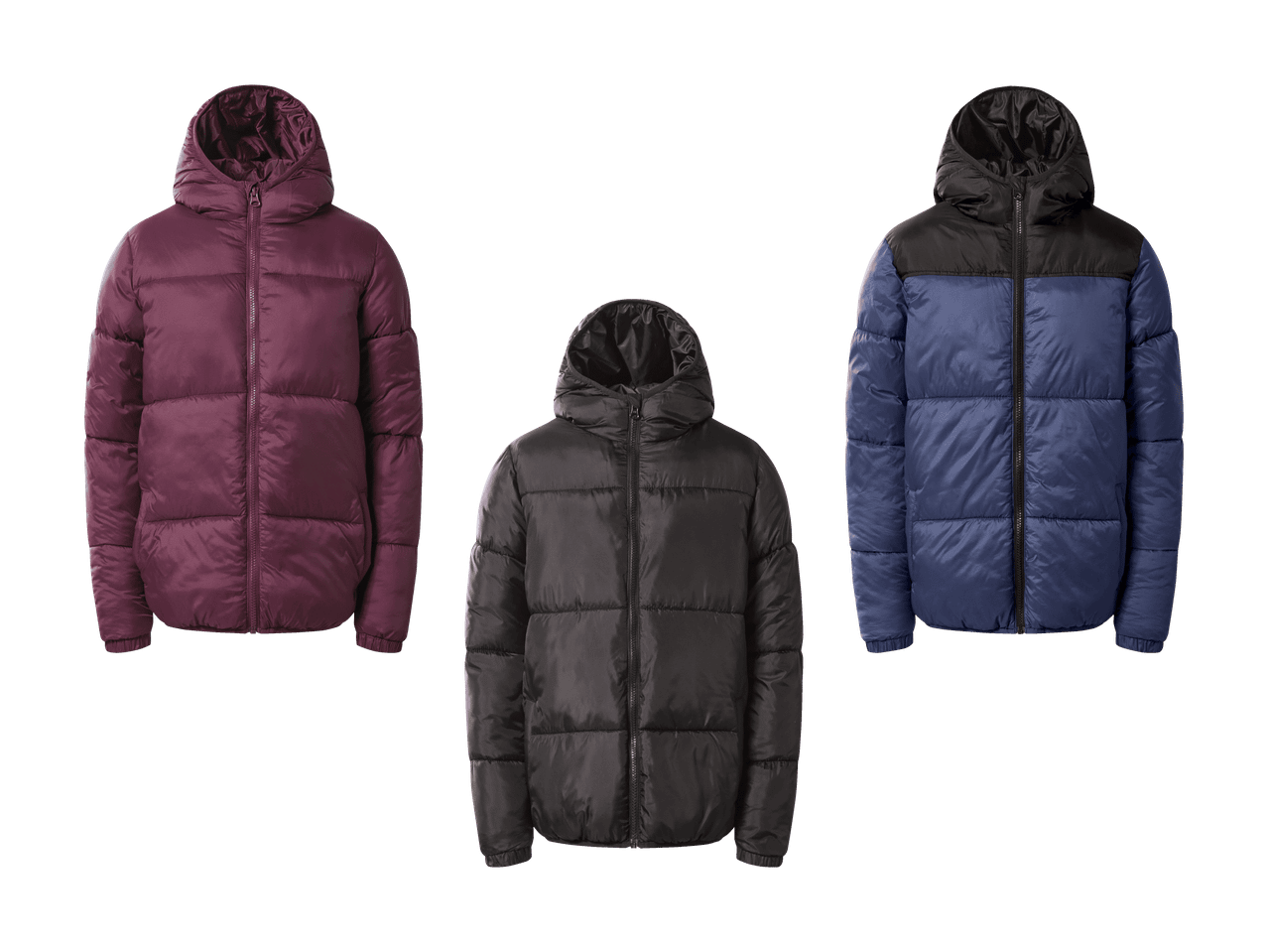Drei gesteppte Herren-Winterjacken mit Kapuze in Beere, Schwarz und Blau-Schwarz.