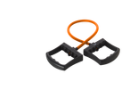 Orange resistance band with black handles for exercise.