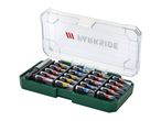 A set of screwdriver bits and a magnetic bit holder in a green and clear plastic case.