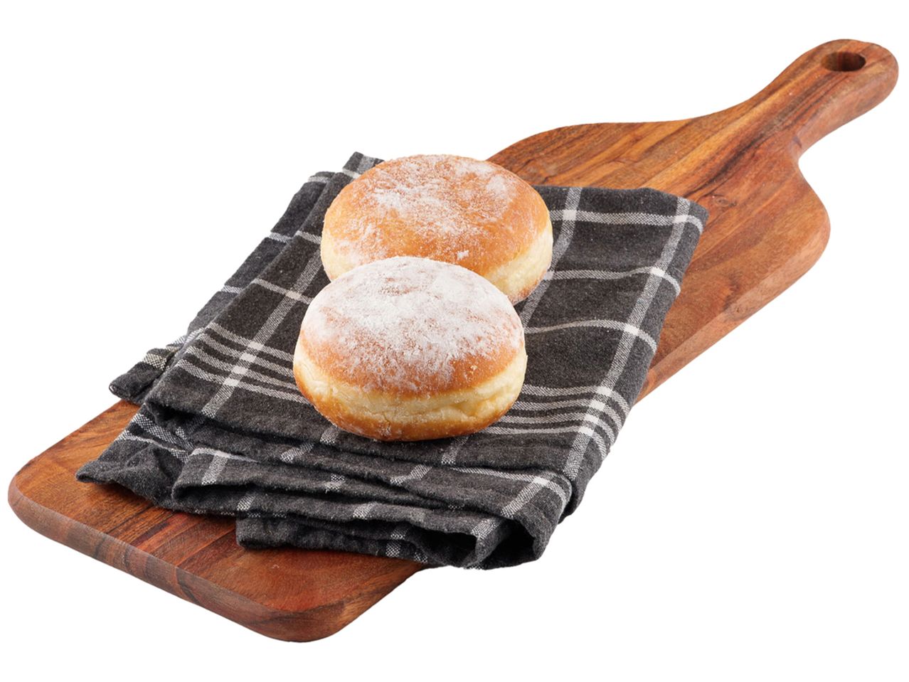 Två sockerdusted munkar på en träbräda.