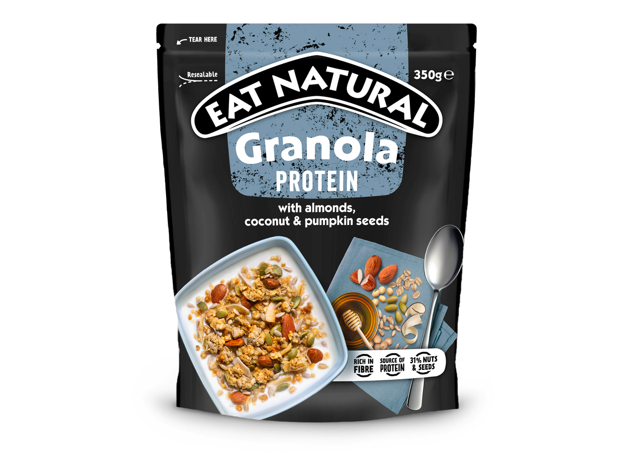 Eiwitrijke granola met amandelen, kokos en pompoenpitten in een verpakking van 350g.