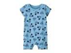 Baby romper in light blue with a pattern of cartoon character faces
