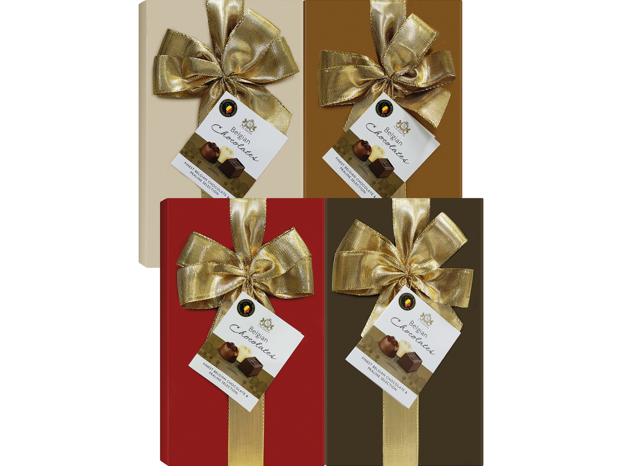 Fyra presentförpackningar med belgisk choklad, prydda med guldband och etiketter.