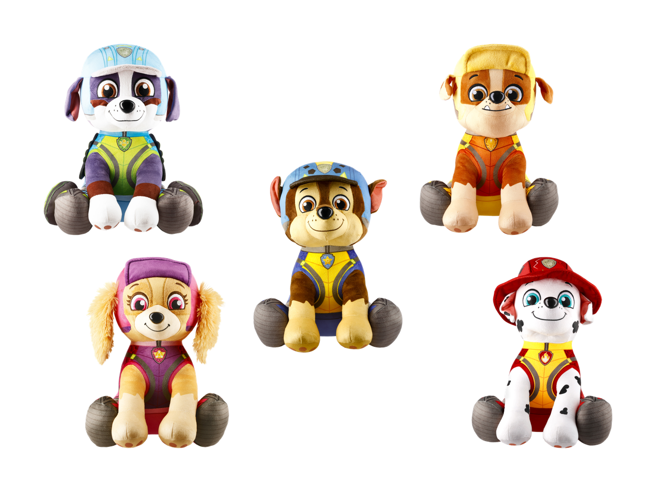 Cinq peluches de chiots colorées, dont un husky, un berger allemand, un bouledogue, un cocker et un dalmatien.