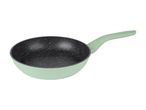 Lysegrøn stegepande med sort non-stick belægning og hvidt stænkmønster.