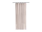 Beige shower curtain with vertical stripes hanging on a silver rod with white rings