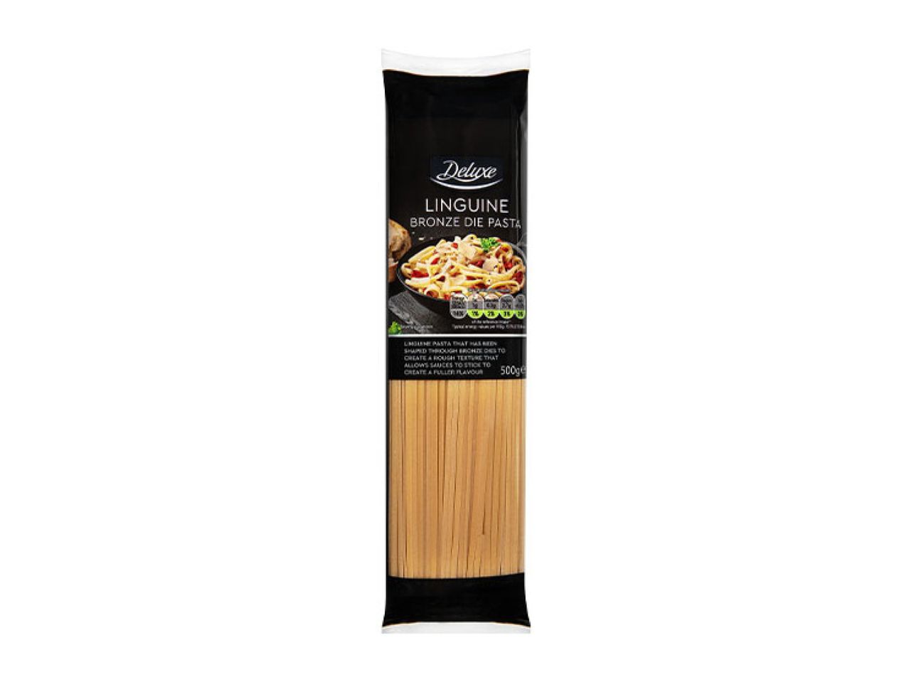 A package of bronze die linguine pasta, 500g, with a picture of cooked pasta on the label.