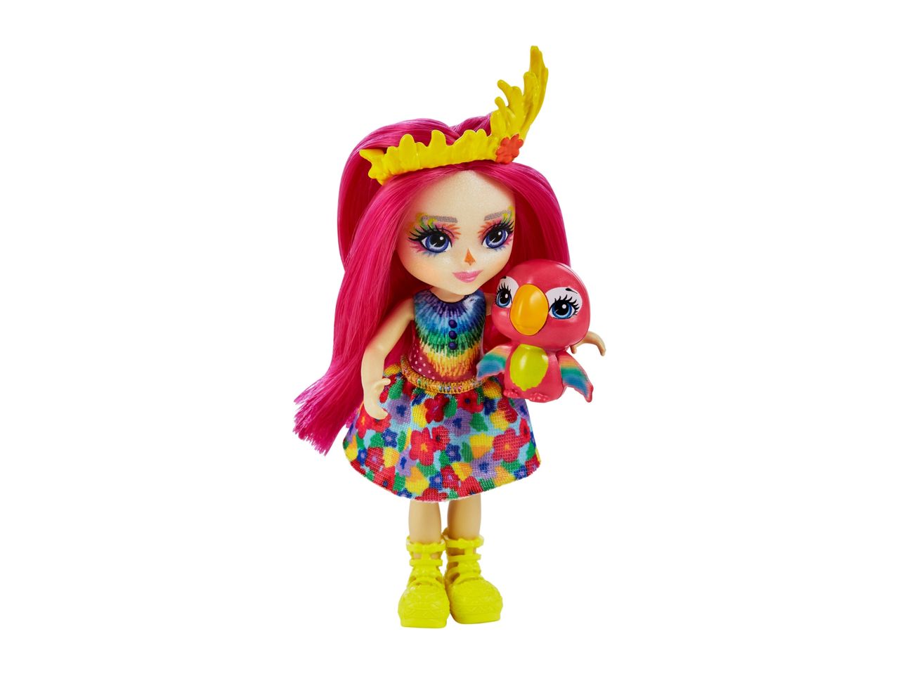 A Nohoo dolls collectible, a girl doll with pink hair and a colorful dress, holding a plush bird.