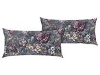Two floral patterned pillows with dark purple, grey, and gold flowers.
