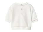 Back of a white baby sweatshirt with light blue snap buttons