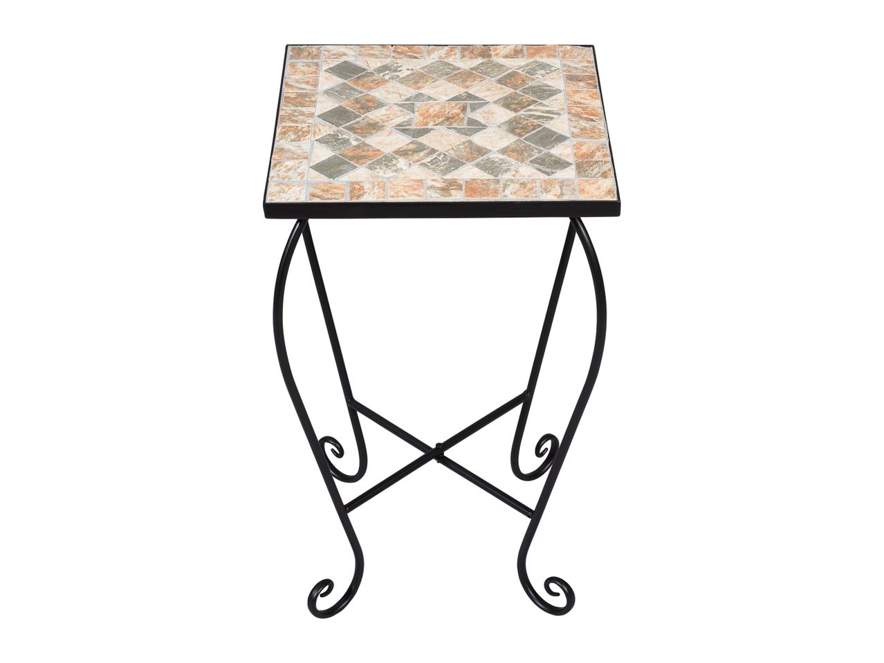 Mosaic-top table with metal legs.