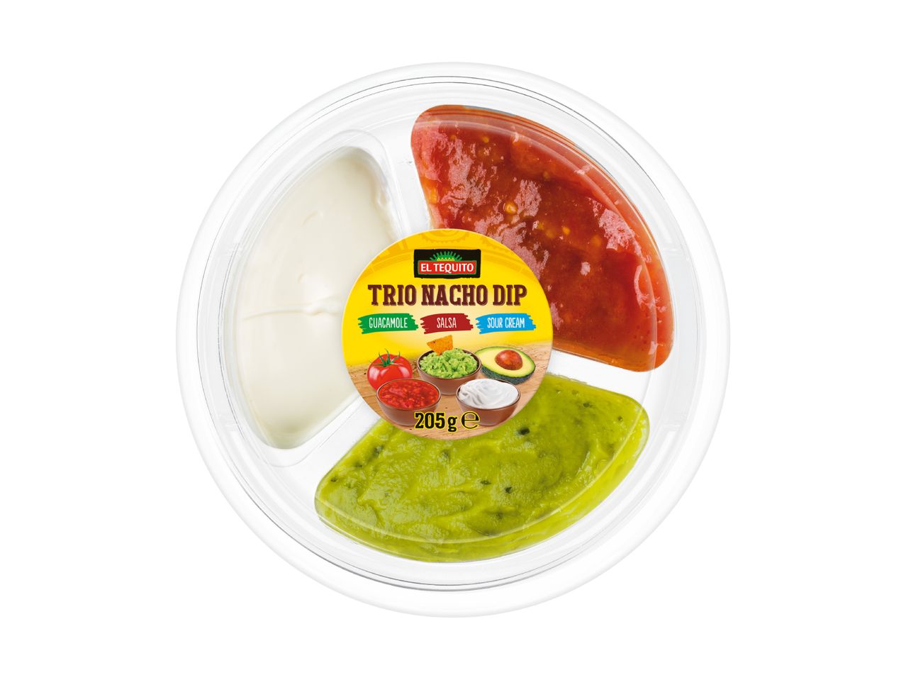Trio Nacho Dip with guacamole, salsa, and sour cream in a clear plastic container.