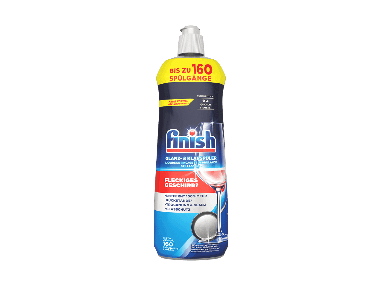 Flasche Finish Glanz- & Klarspüler für Geschirrspüler, mit Angabe von 160 Spülgängen.