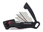 Black utility knife with multiple blades and a red button, open to show the blades.