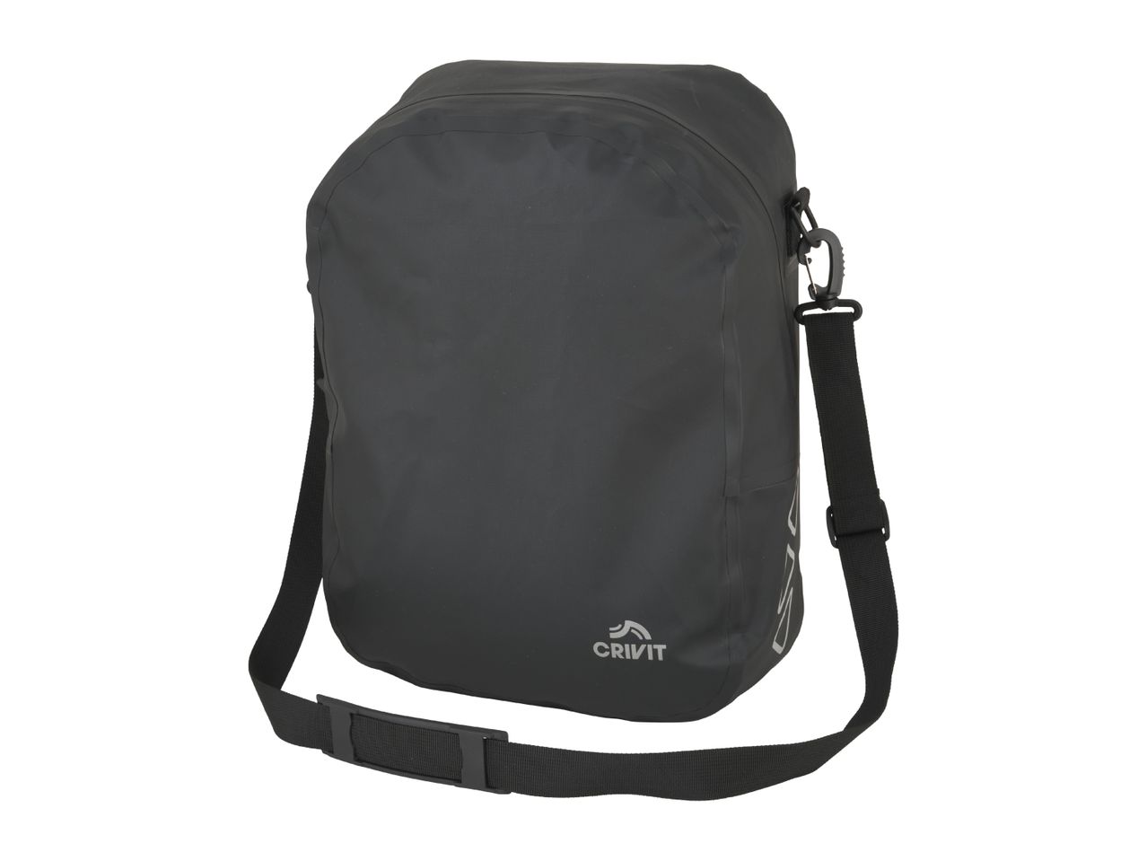 Dark grey waterproof shoulder bag with a black strap and a carabiner clip.