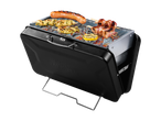 Grillmeister grill with sausages, chicken and bacon skewers.