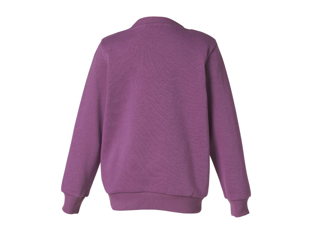 Back view of a plain purple sweatshirt with ribbed cuffs and hem.