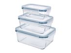 Stack of three rectangular glass food storage containers with clear lids and blue seals.